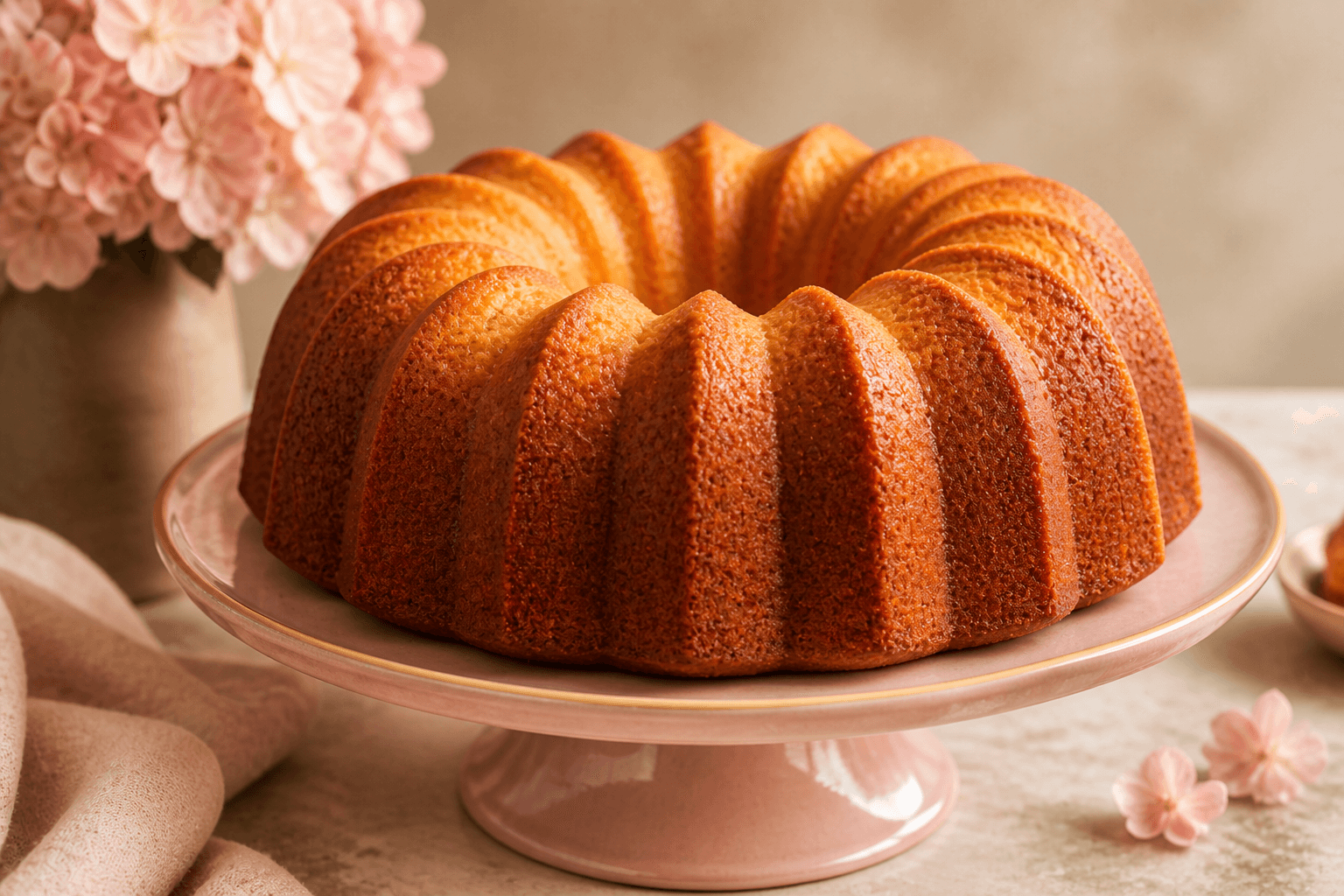 Iced pound cake with berries on a pink pedestal