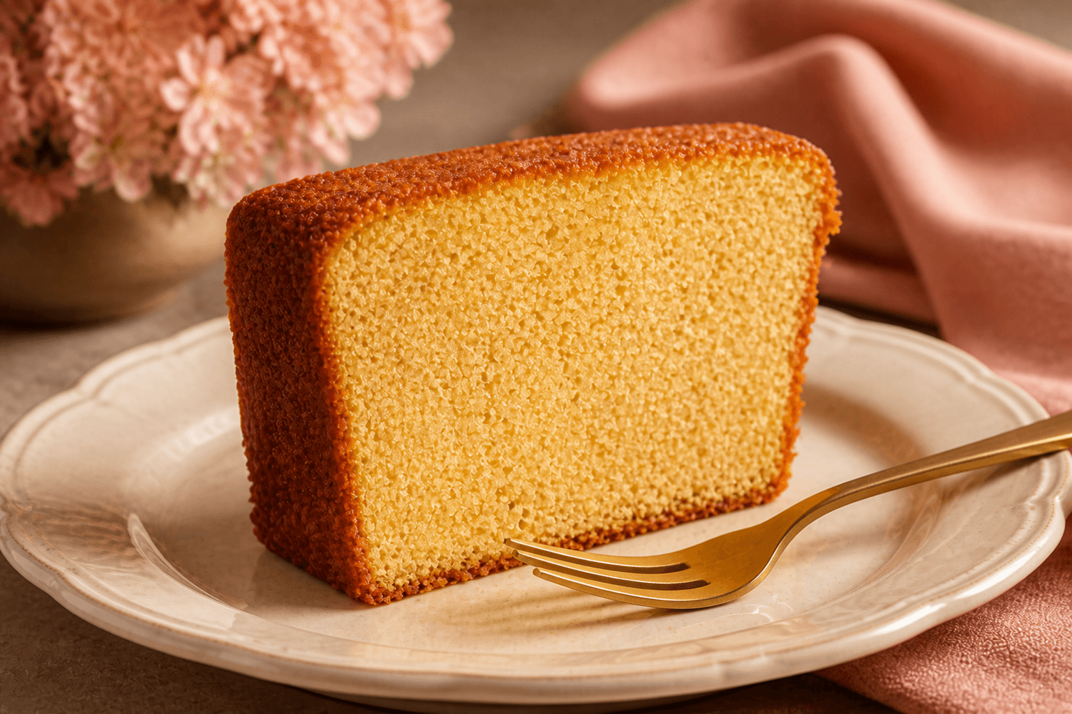 A thick slice of golden pound cake with icing